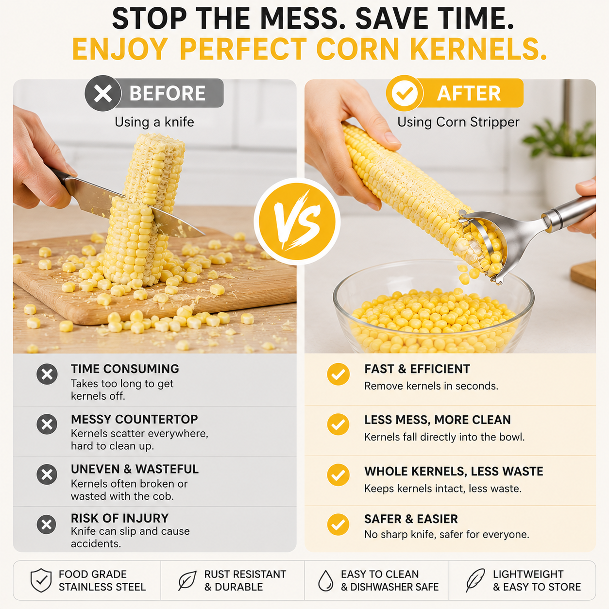 🌽 Stainless Steel Corn Stripper – Fast & Mess-Free Corn Kernel Remover