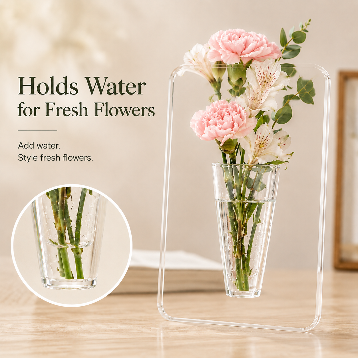 Acrylic Photo Frame Vase for Fresh Flowers – Water-Holding Tabletop Flower Vase